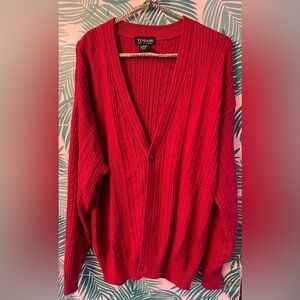 Tosani red cable knit cardigan made in Canada sz s 100% cotton
